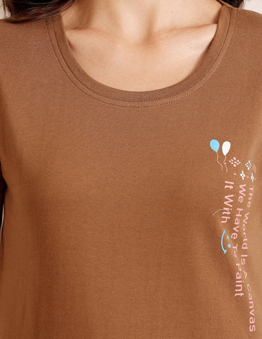 Bodycare Women’s Brown & Pink Printed T-Shirt & Capri Co-ord Set for Everyday Wear-BSCS16023