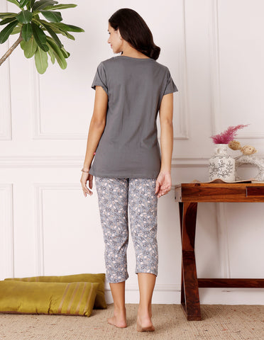 Bodycare Women’s Grey Printed T-Shirt & Capri Co-ord Set for Everyday Wear-BSCS16024