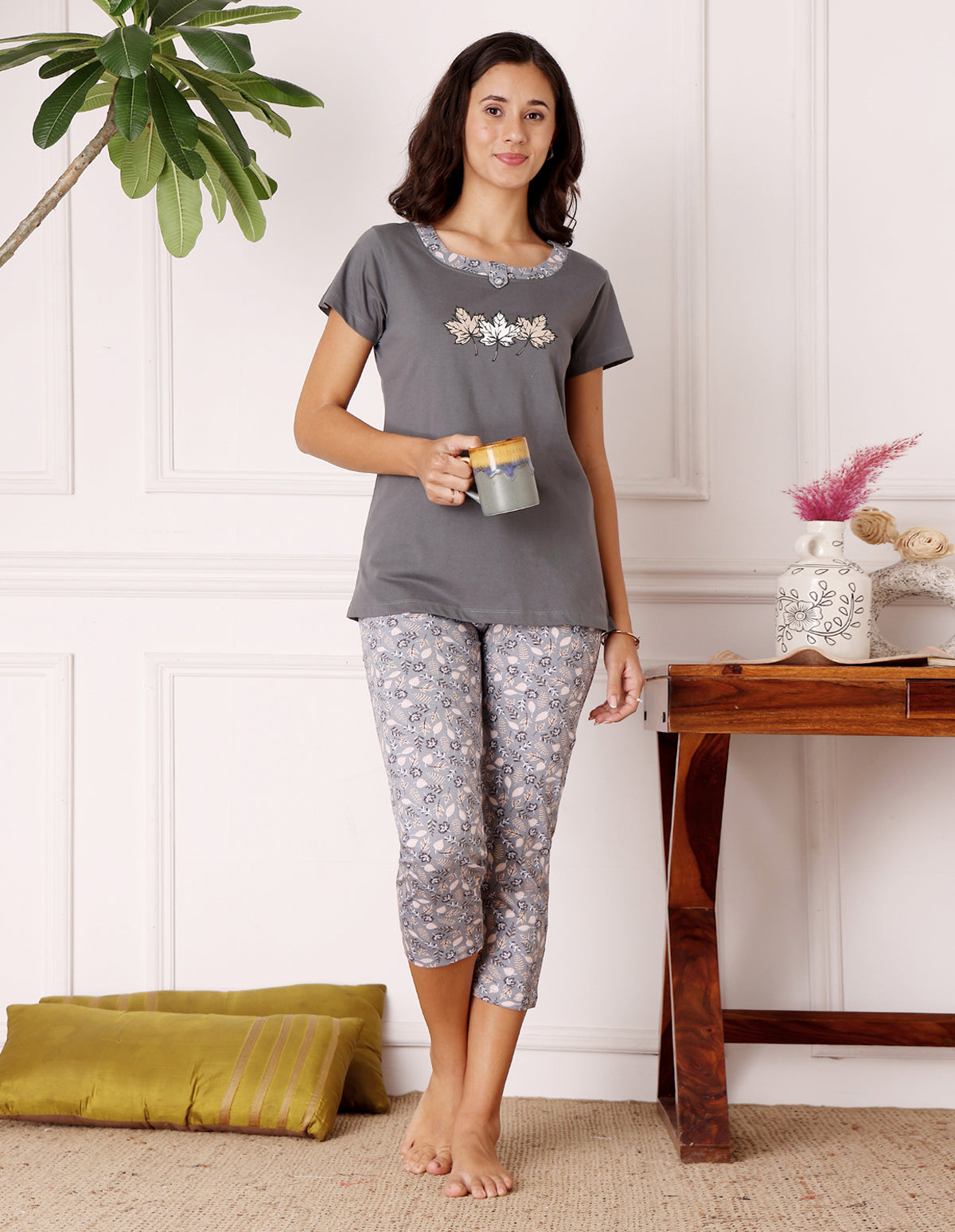 Bodycare Women’s Grey Printed T-Shirt & Capri Co-ord Set for Everyday Wear-BSCS16024