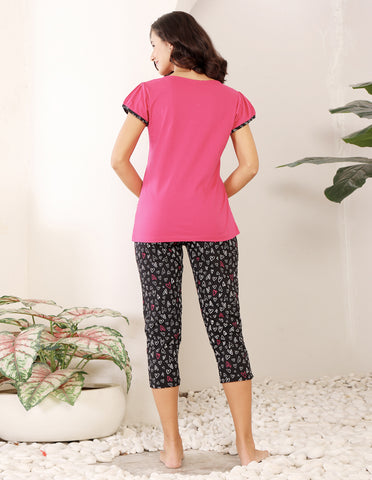 Bodycare Women’s Pink & Black Printed T-Shirt & Capri Co-ord Set for Everyday Wear-BSCS16027