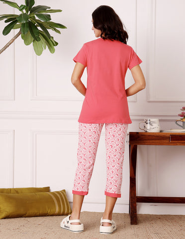 Bodycare Women’s Pink Printed T-Shirt & Capri Co-ord Set for Everyday Wear-BSCS16028