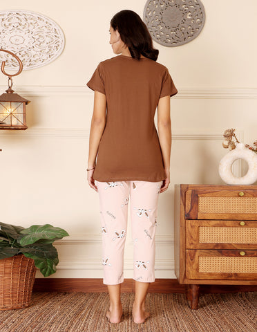 Bodycare Women’s Brown & Peach Printed T-Shirt & Capri Co-ord Set for Everyday Wear-BSCS16029