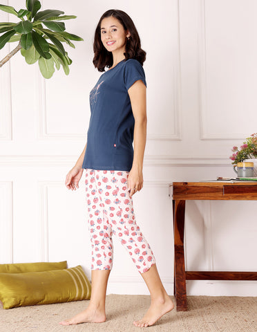 Bodycare Women’s Blue & Pink Printed T-Shirt & Capri Co-ord Set for Everyday Wear-BSCS16032