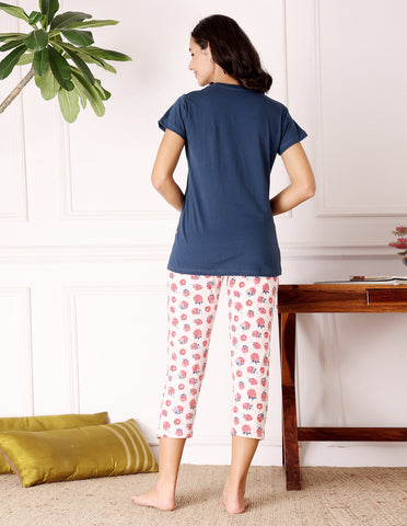 Bodycare Women’s Blue & Pink Printed T-Shirt & Capri Co-ord Set for Everyday Wear-BSCS16032