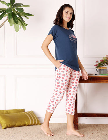 Bodycare Women’s Blue & Pink Printed T-Shirt & Capri Co-ord Set for Everyday Wear-BSCS16032