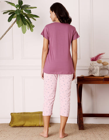 Bodycare Women’s Violet & Pink Printed T-Shirt & Capri Co-ord Set for Everyday Wear-BSCS16033