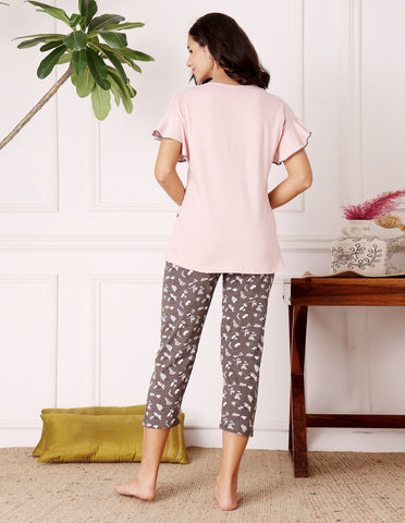 Bodycare Women’s Pink & Grey Printed T-Shirt & Capri Co-ord Set for Everyday Wear-BSCS16034