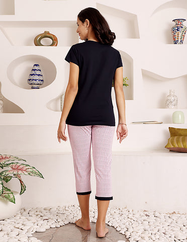Bodycare Women’s Black & Pink Printed T-Shirt & Capri Co-ord Set for Everyday Wear-BSCS16035