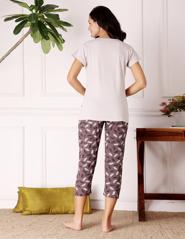 Bodycare Women’s Grey & Brown Printed T-Shirt & Capri Co-ord Set for Everyday Wear-BSCS16036