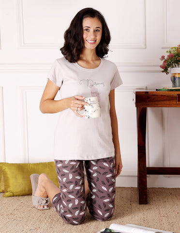 Bodycare Women’s Grey & Brown Printed T-Shirt & Capri Co-ord Set for Everyday Wear-BSCS16036