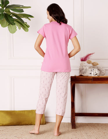 Bodycare Women’s Pink Printed T-Shirt & Capri Co-ord Set for Everyday Wear-BSCS16037