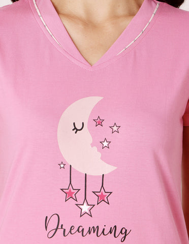 Bodycare Women’s Pink Printed T-Shirt & Capri Co-ord Set for Everyday Wear-BSCS16037