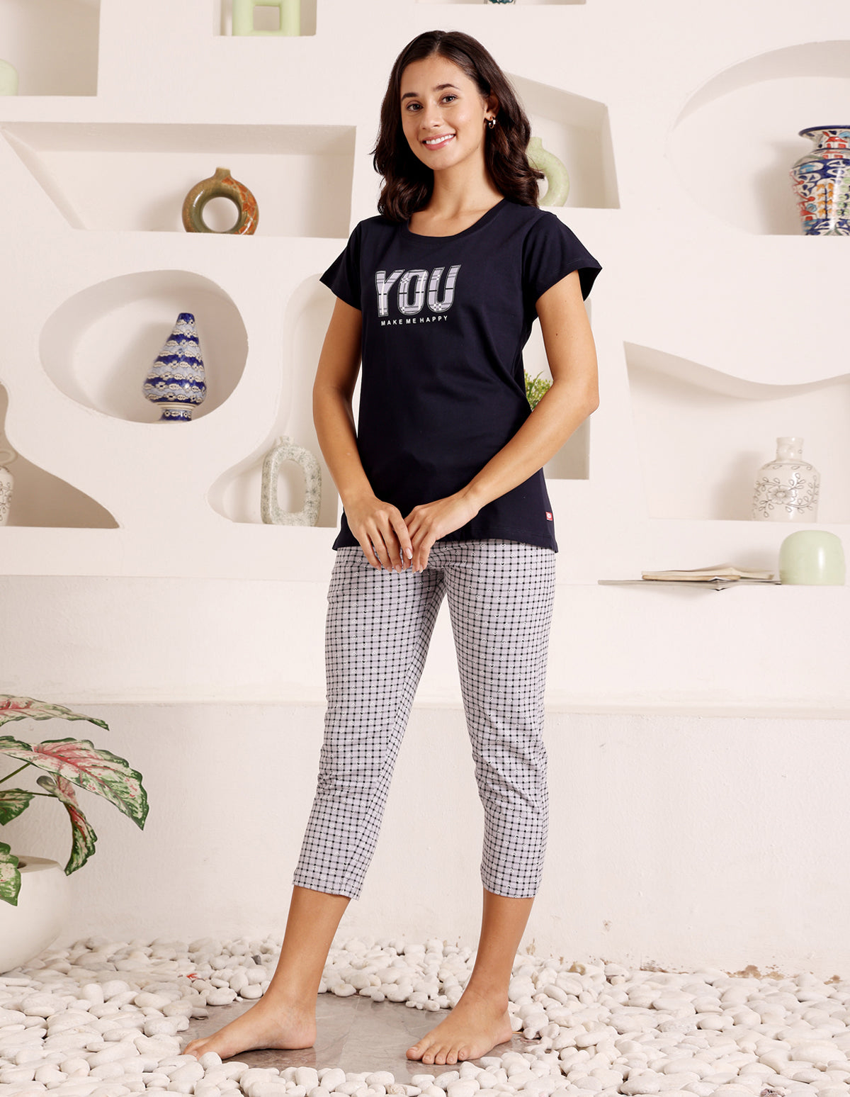 Bodycare Women’s Black & Grey Printed T-Shirt & Capri Co-ord Set for Everyday Wear-BSCS16038