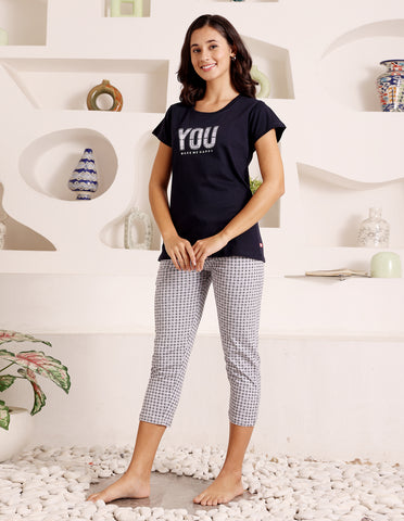 Bodycare Women’s Black & Grey Printed T-Shirt & Capri Co-ord Set for Everyday Wear-BSCS16038