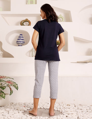 Bodycare Women’s Black & Grey Printed T-Shirt & Capri Co-ord Set for Everyday Wear-BSCS16038