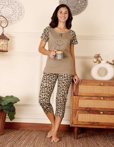 Bodycare Women’s Brown Printed T-Shirt & Capri Co-ord Set for Everyday Wear-BSCS16039