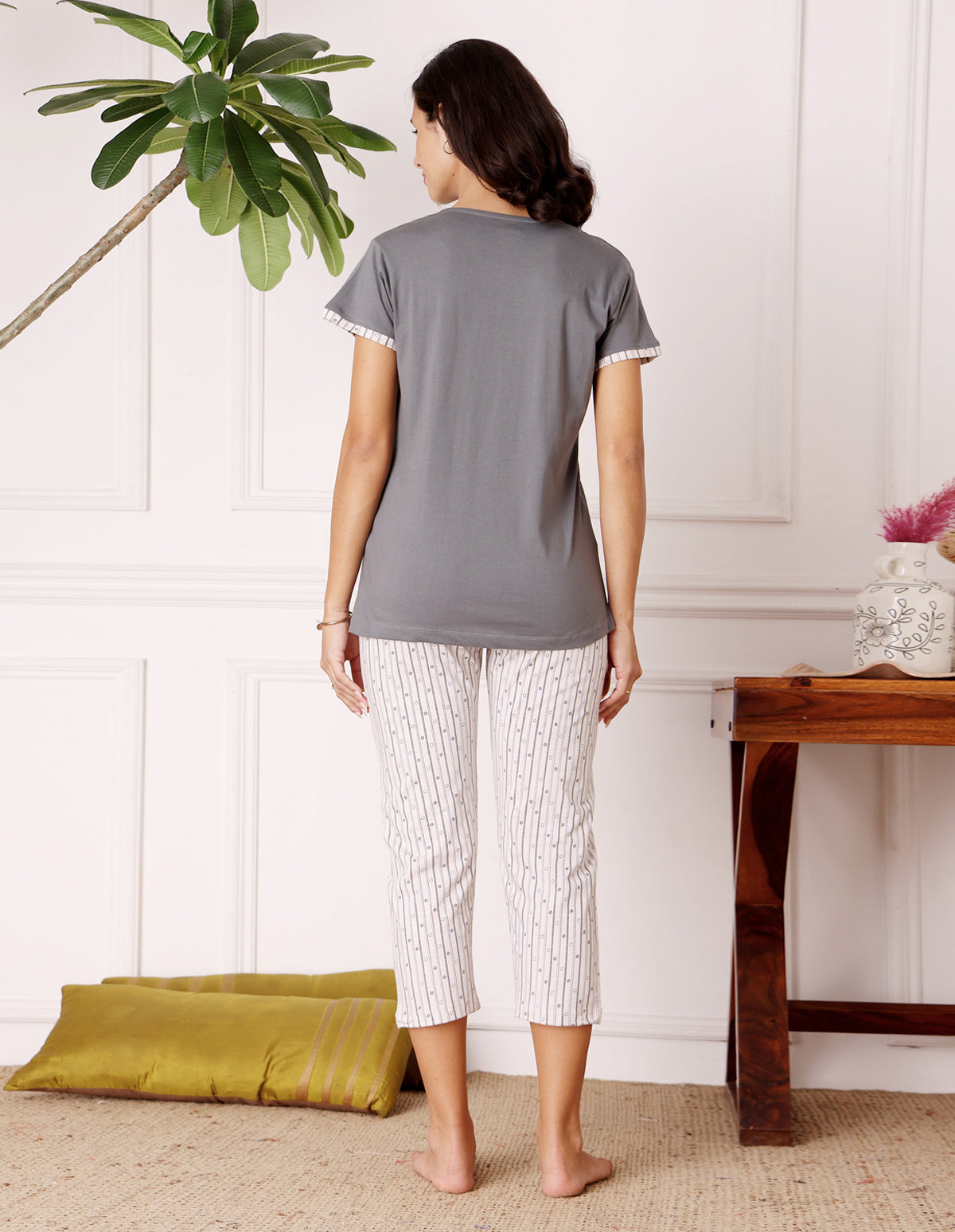 Bodycare Women’s Grey & White Printed T-Shirt & Capri Co-ord Set for Everyday Wear-BSCS16040