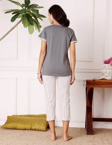 Bodycare Women’s Grey & White Printed T-Shirt & Capri Co-ord Set for Everyday Wear-BSCS16040