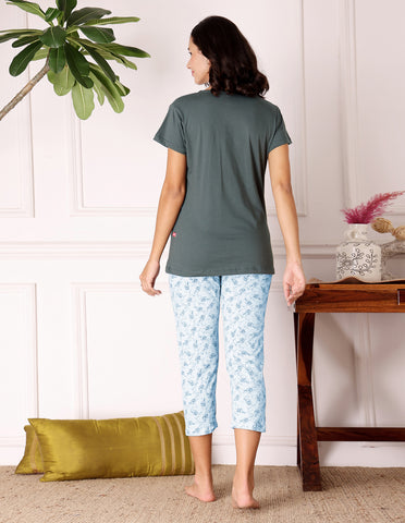 Bodycare Women’s Green & Blue Printed T-Shirt & Capri Co-ord Set for Everyday Wear-BSCS16044
