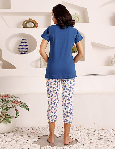 Bodycare Women’s Blue & White Printed T-Shirt & Capri Co-ord Set for Everyday Wear-BSCS16045