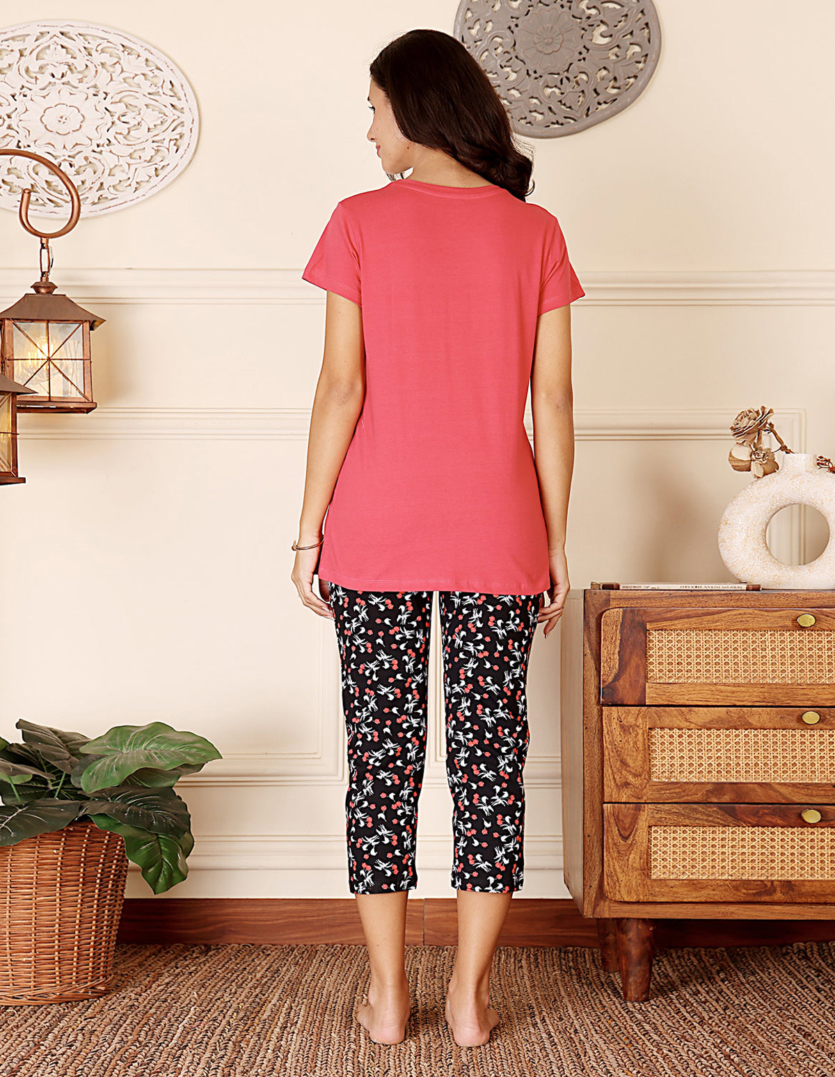 Bodycare Women’s Pink & Black Printed T-Shirt & Capri Co-ord Set for Everyday Wear-BSCS16046