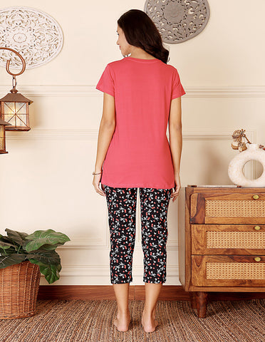 Bodycare Women’s Pink & Black Printed T-Shirt & Capri Co-ord Set for Everyday Wear-BSCS16046