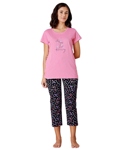 Bodycare Women’s Pink & Black Printed T-Shirt & Capri Co-ord Set for Everyday Wear-BSCS16047