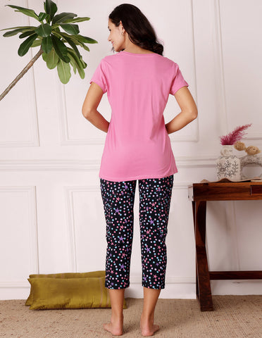 Bodycare Women’s Pink & Black Printed T-Shirt & Capri Co-ord Set for Everyday Wear-BSCS16047