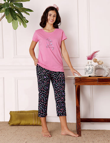 Bodycare Women’s Pink & Black Printed T-Shirt & Capri Co-ord Set for Everyday Wear-BSCS16047
