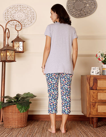 Bodycare Women’s Grey & Blue Printed T-Shirt & Capri Co-ord Set for Everyday Wear-BSCS16049