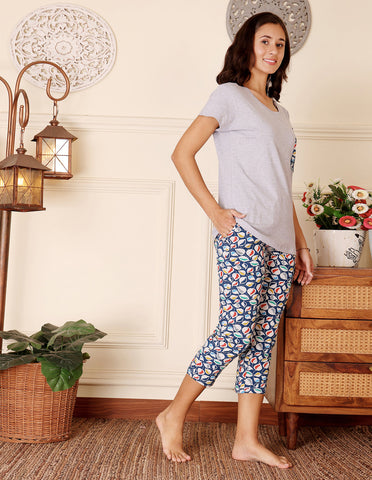 Bodycare Women’s Grey & Blue Printed T-Shirt & Capri Co-ord Set for Everyday Wear-BSCS16049