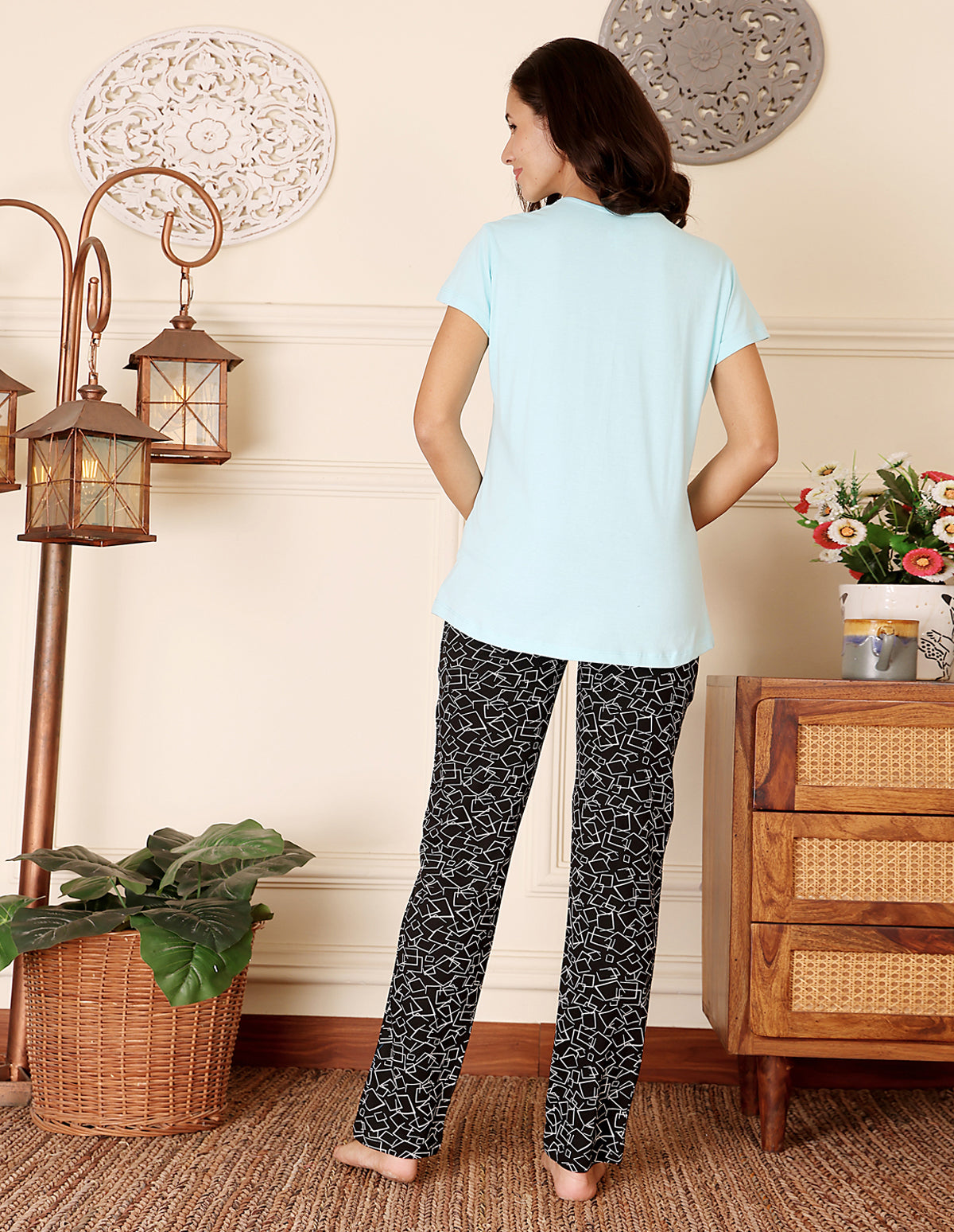 Blue & Black Cotton Nightsuit for Women by Bodycare – Printed T-Shirt & Pyjama Set-BSLS11042