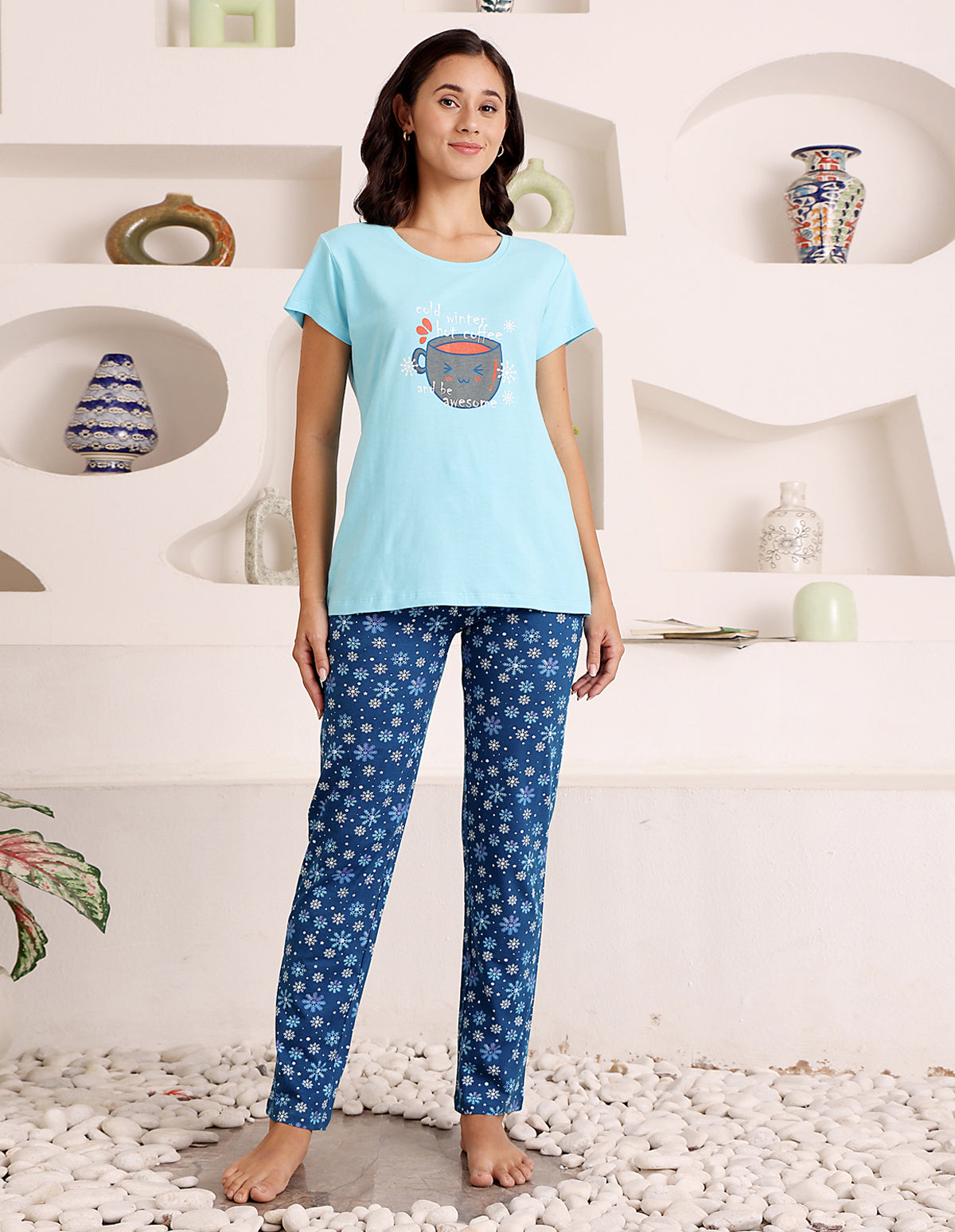 Blue Cotton Nightsuit for Women by Bodycare – Printed T-Shirt & Pyjama Set-BSLS11053