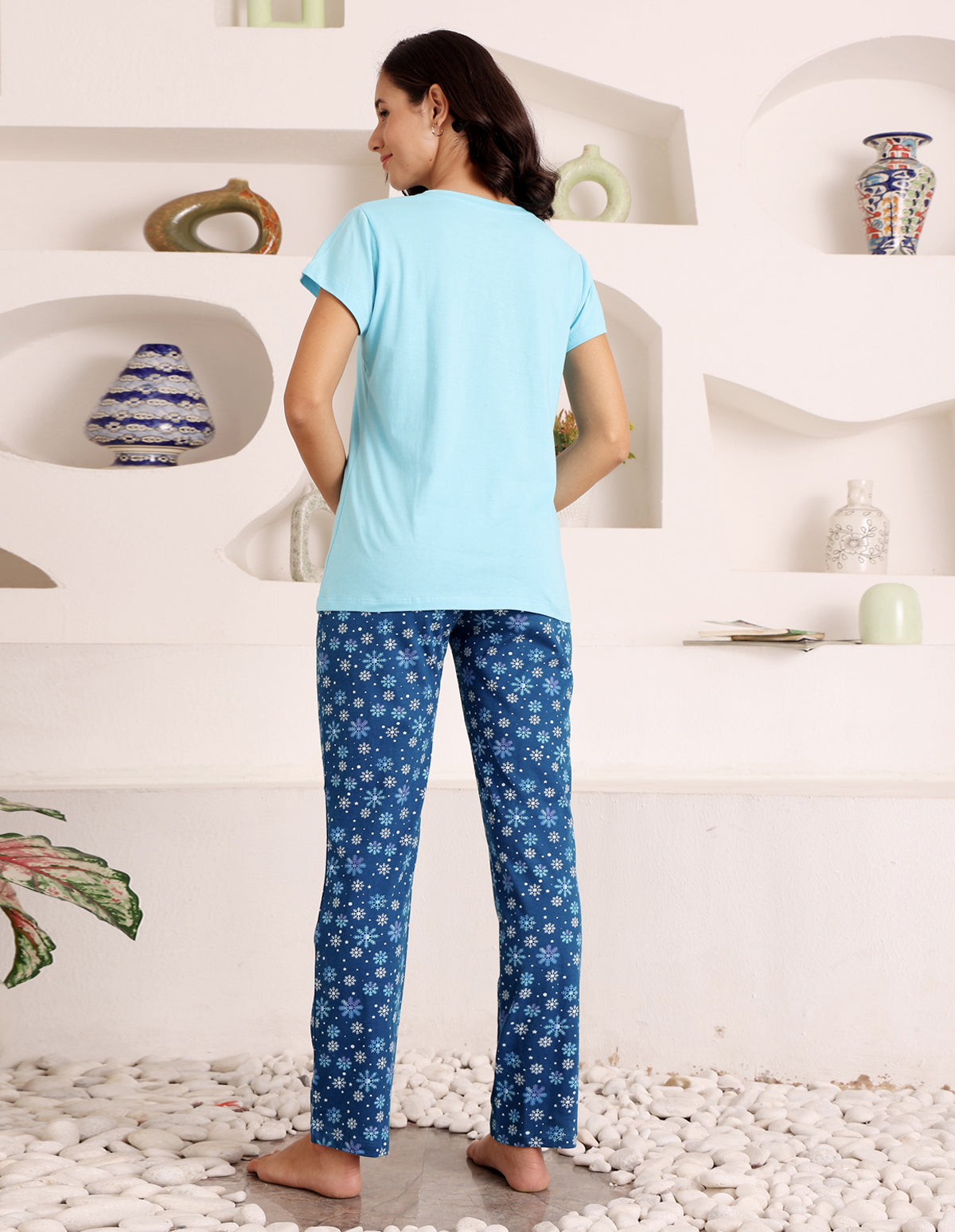 Blue Cotton Nightsuit for Women by Bodycare – Printed T-Shirt & Pyjama Set-BSLS11053