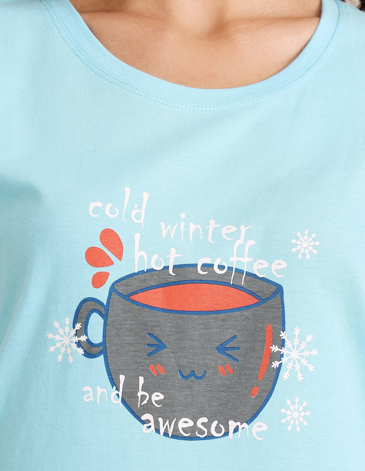 Blue Cotton Nightsuit for Women by Bodycare – Printed T-Shirt & Pyjama Set-BSLS11053