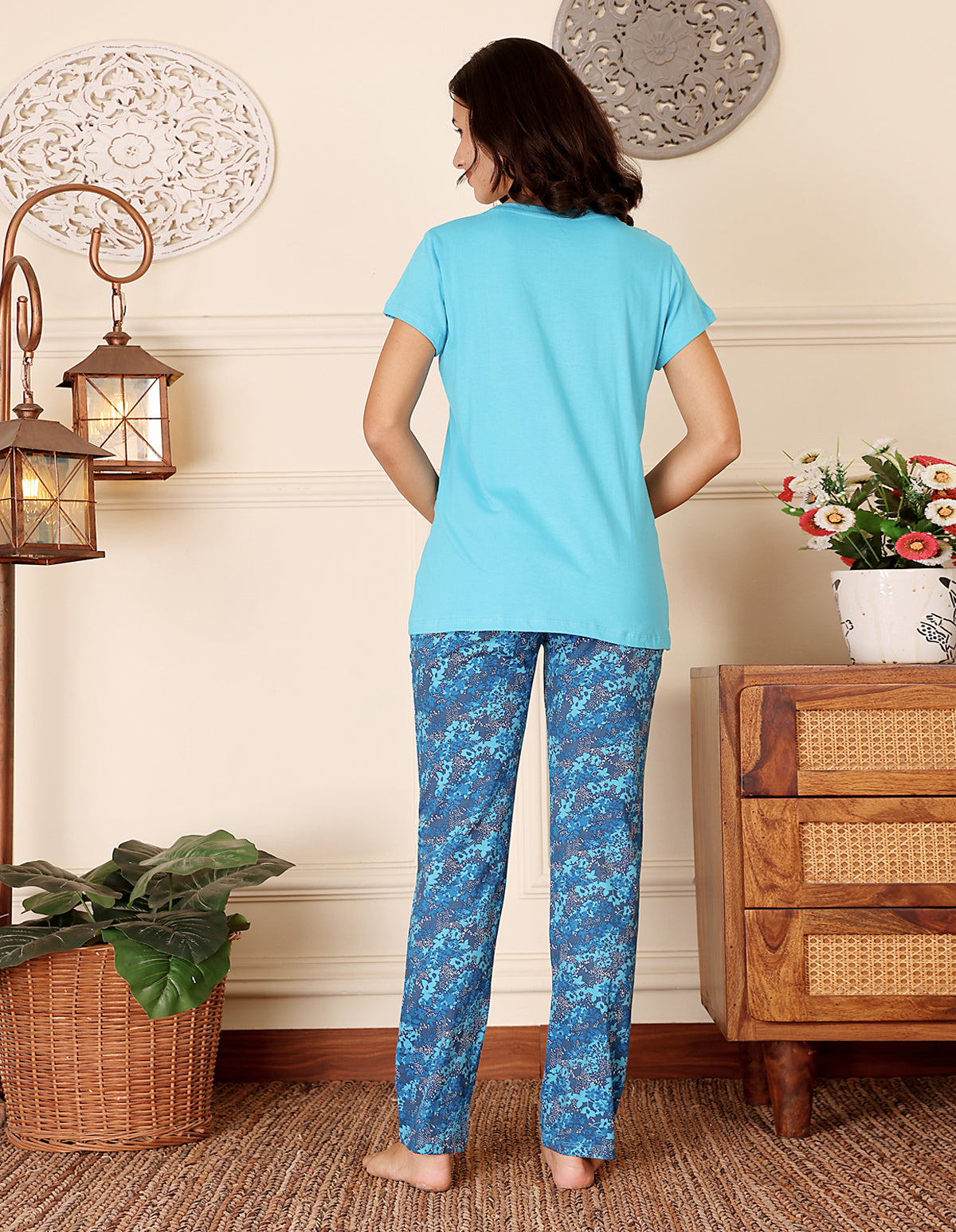 Blue Cotton Nightsuit for Women by Bodycare – Printed T-Shirt & Pyjama Set-BSLS11055