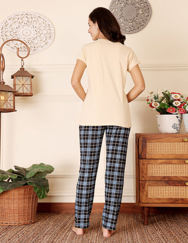 Peach & Black Cotton Nightsuit for Women by Bodycare – Printed T-Shirt & Pyjama Set-BSLS11058
