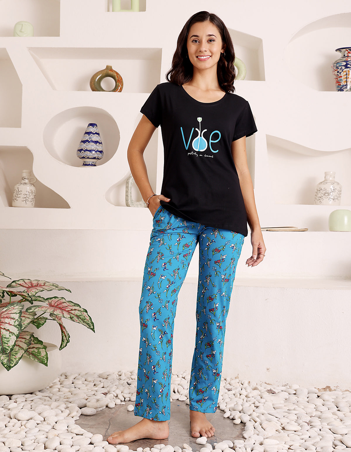 Black & Blue Cotton Nightsuit for Women by Bodycare – Printed T-Shirt & Pyjama Set-BSLS11060