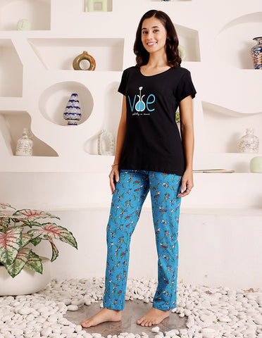 Black & Blue Cotton Nightsuit for Women by Bodycare – Printed T-Shirt & Pyjama Set-BSLS11060