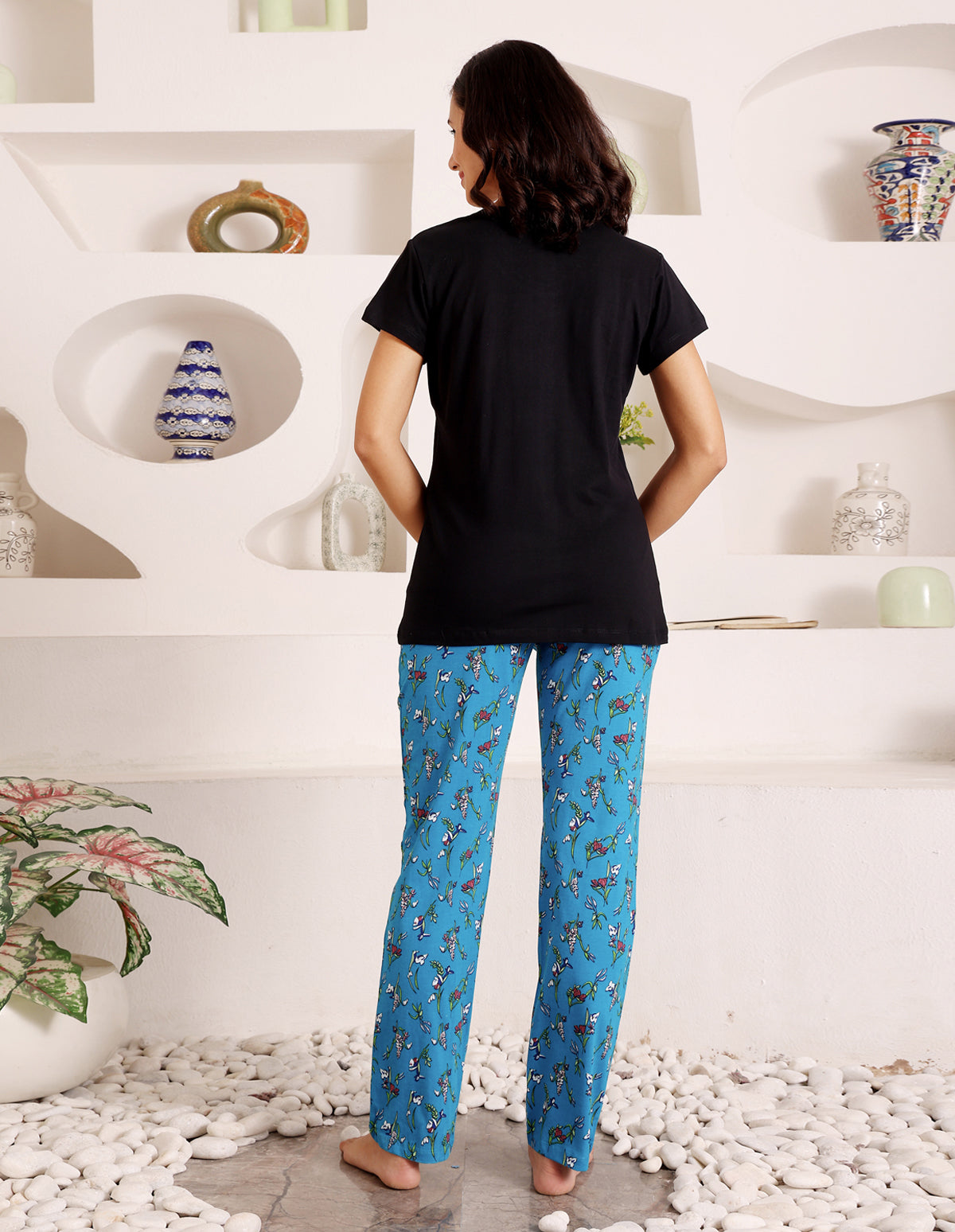 Black & Blue Cotton Nightsuit for Women by Bodycare – Printed T-Shirt & Pyjama Set-BSLS11060