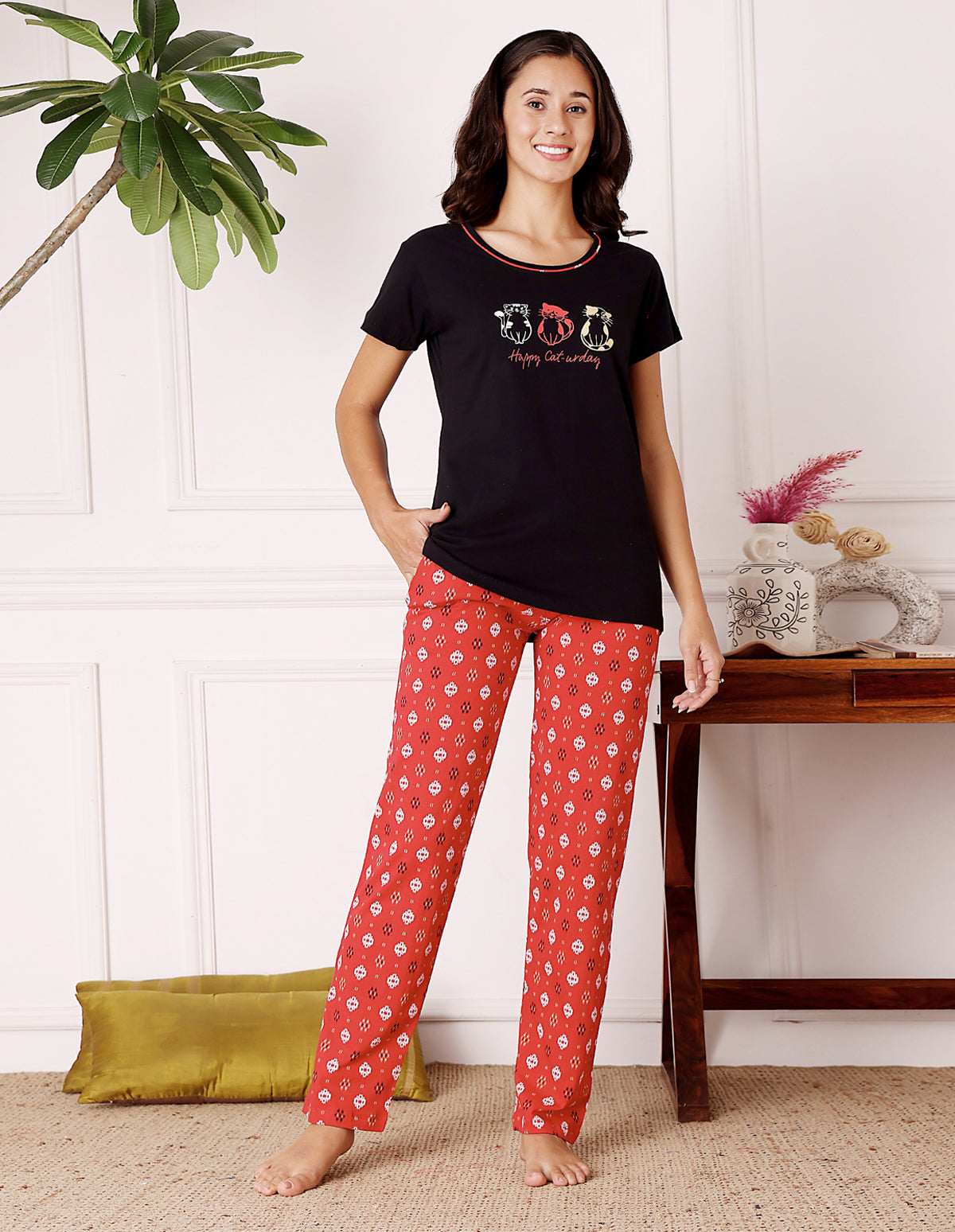 Black & Blue Cotton Nightsuit for Women by Bodycare – Printed T-Shirt & Pyjama Set-BSLS11066