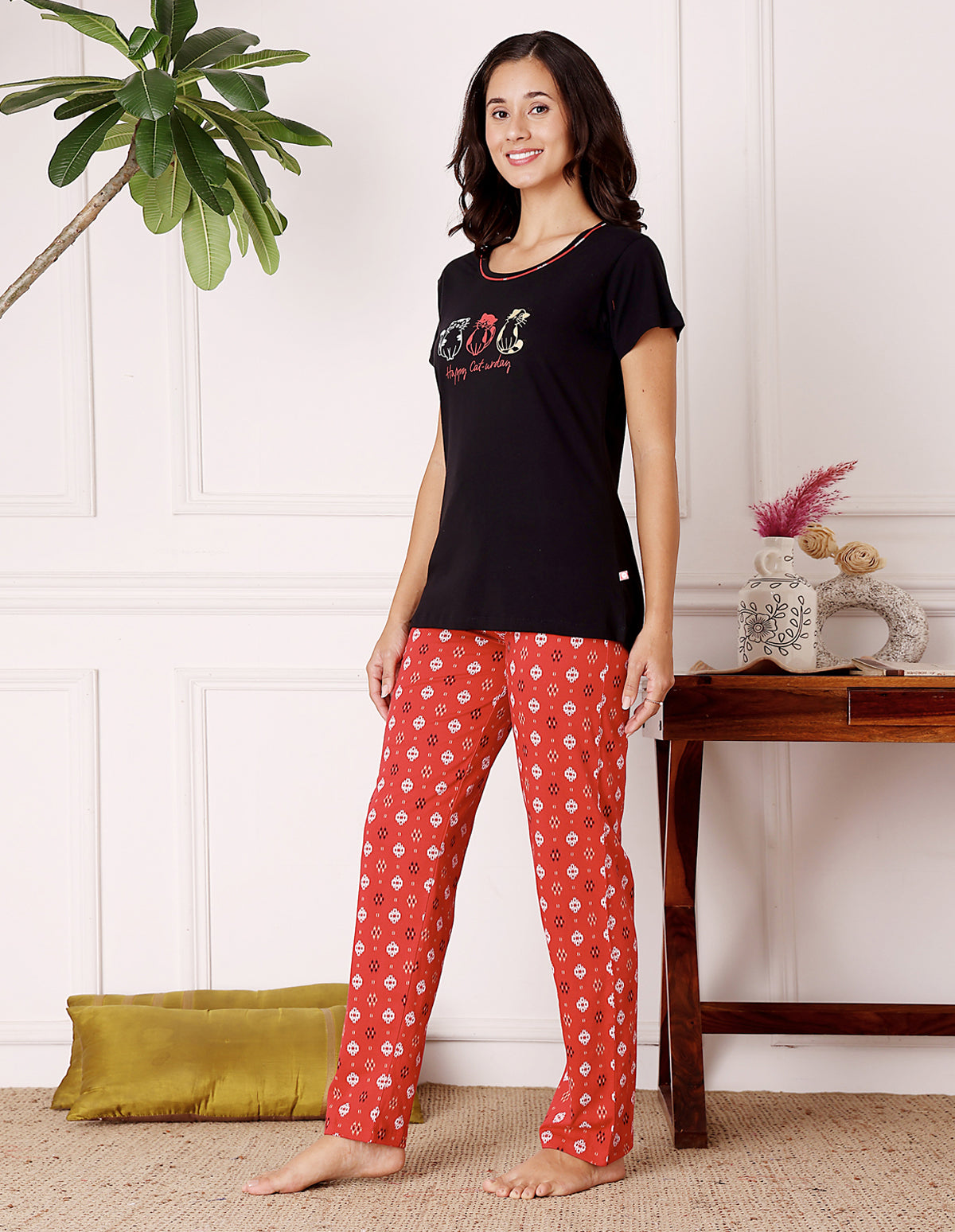 Black & Blue Cotton Nightsuit for Women by Bodycare – Printed T-Shirt & Pyjama Set-BSLS11066