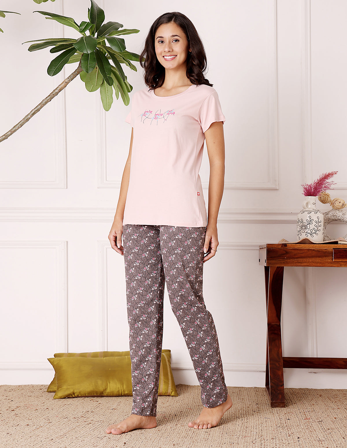 Pink & Brown Cotton Nightsuit for Women by Bodycare – Printed T-Shirt & Pyjama Set-BSLS11067