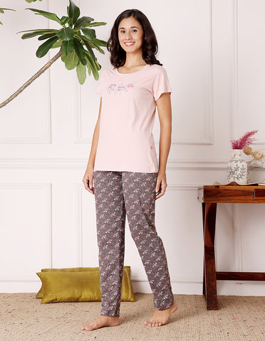 Pink & Brown Cotton Nightsuit for Women by Bodycare – Printed T-Shirt & Pyjama Set-BSLS11067