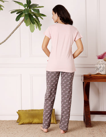 Pink & Brown Cotton Nightsuit for Women by Bodycare – Printed T-Shirt & Pyjama Set-BSLS11067