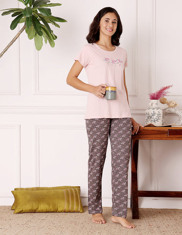 Pink & Brown Cotton Nightsuit for Women by Bodycare – Printed T-Shirt & Pyjama Set-BSLS11067