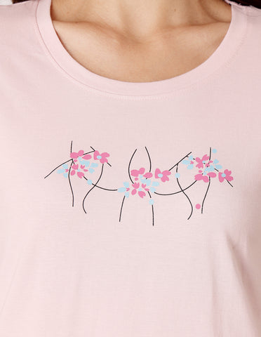 Pink & Brown Cotton Nightsuit for Women by Bodycare – Printed T-Shirt & Pyjama Set-BSLS11067