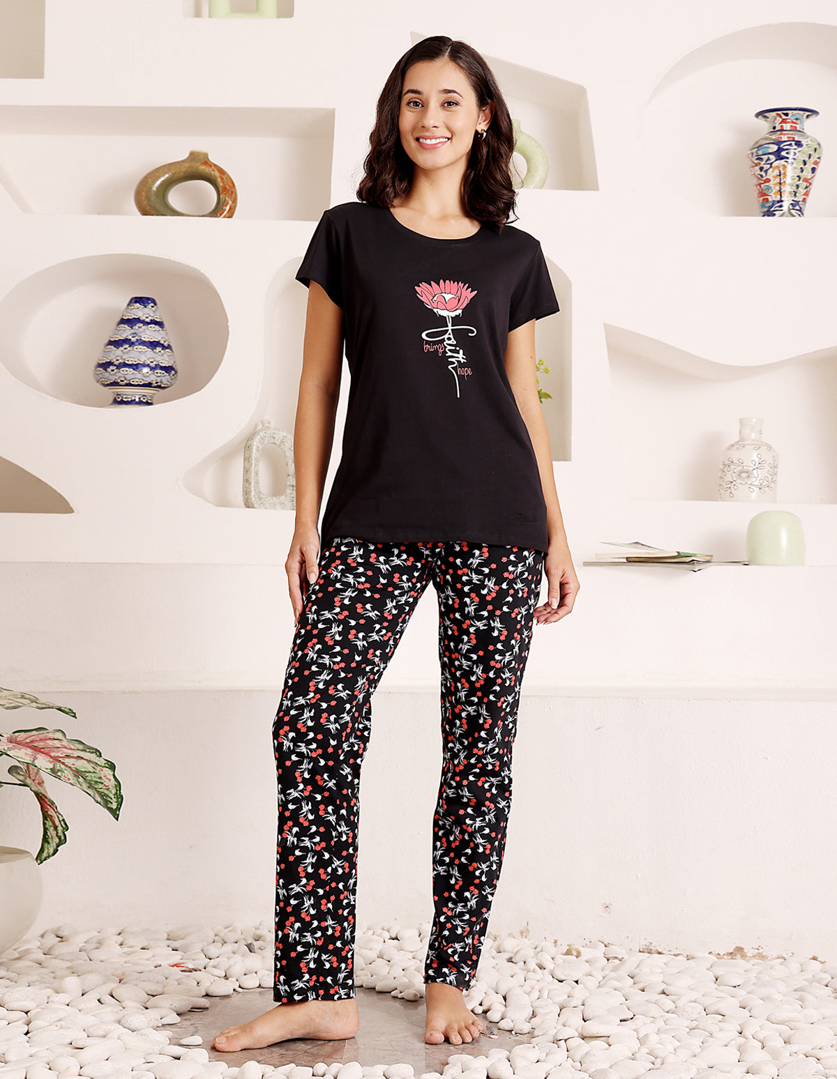 Black Cotton Nightsuit for Women by Bodycare – Printed T-Shirt & Pyjama Set-BSLS11073