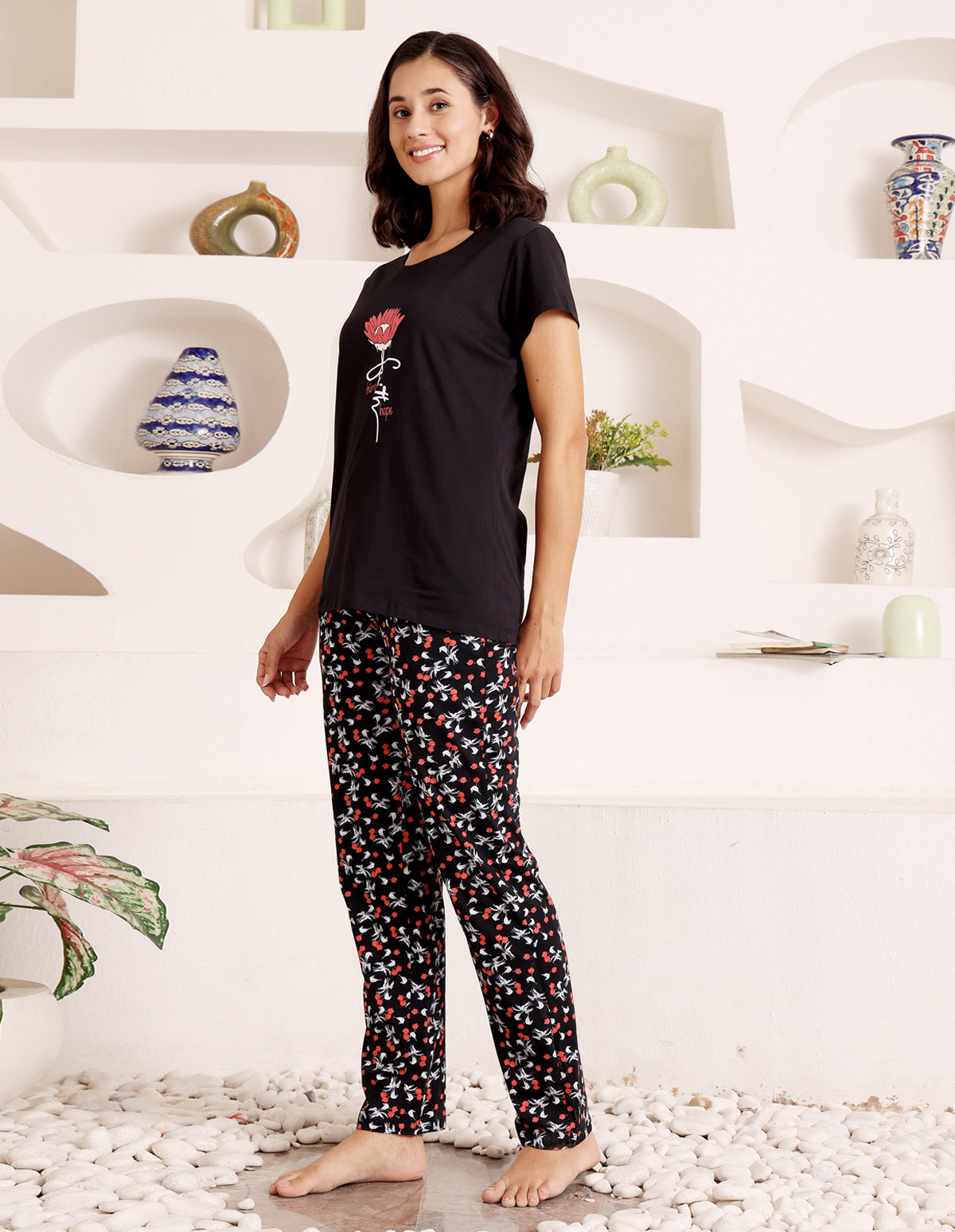 Black Cotton Nightsuit for Women by Bodycare – Printed T-Shirt & Pyjama Set-BSLS11073