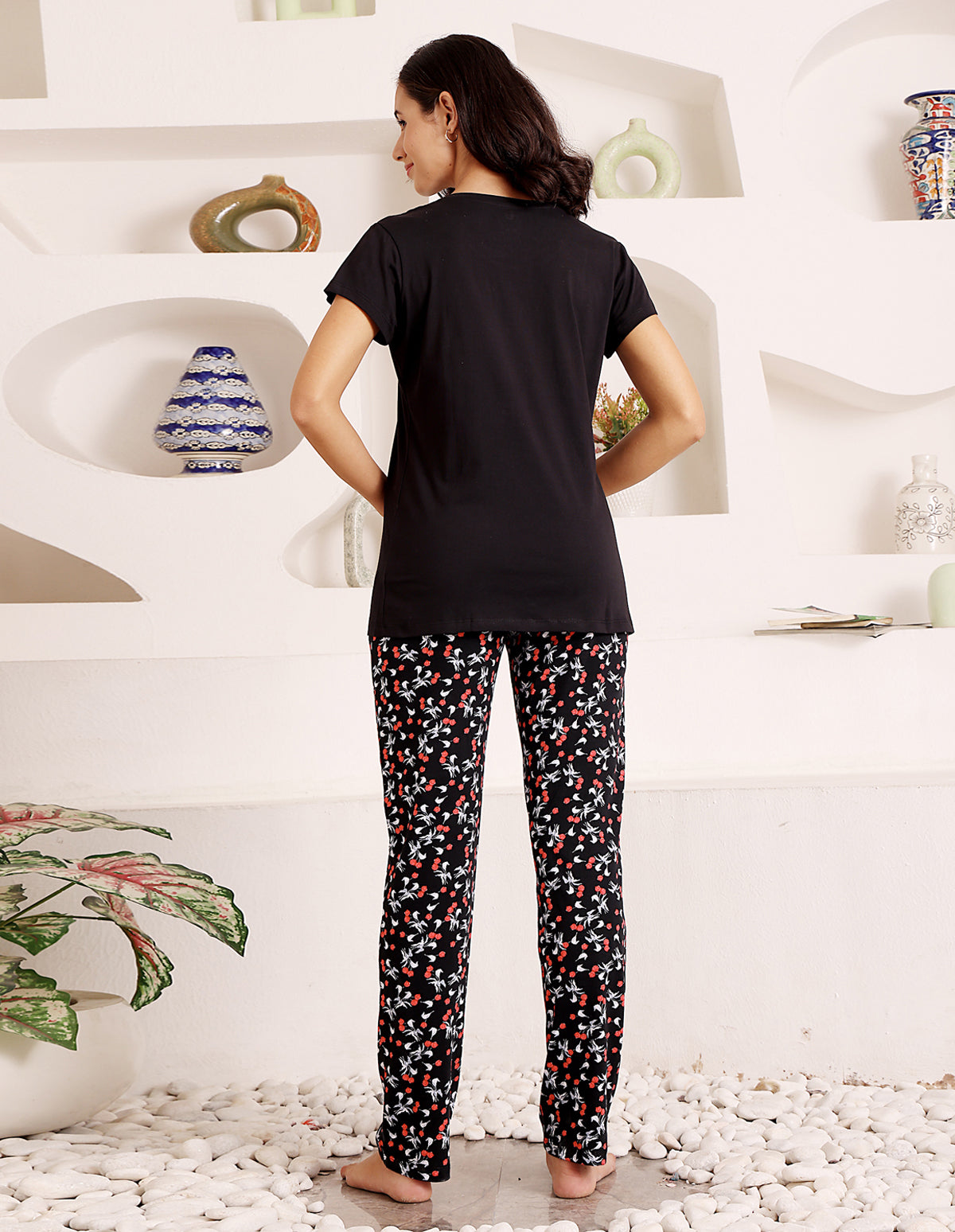 Black Cotton Nightsuit for Women by Bodycare – Printed T-Shirt & Pyjama Set-BSLS11073